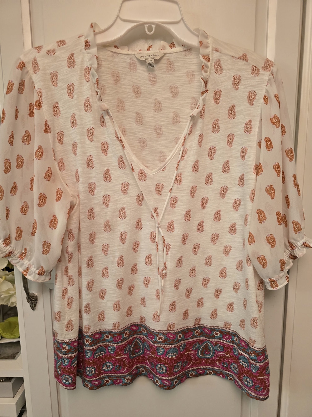 Lucky Brand White Gauze Peasant Blouse with Rust Dot Print